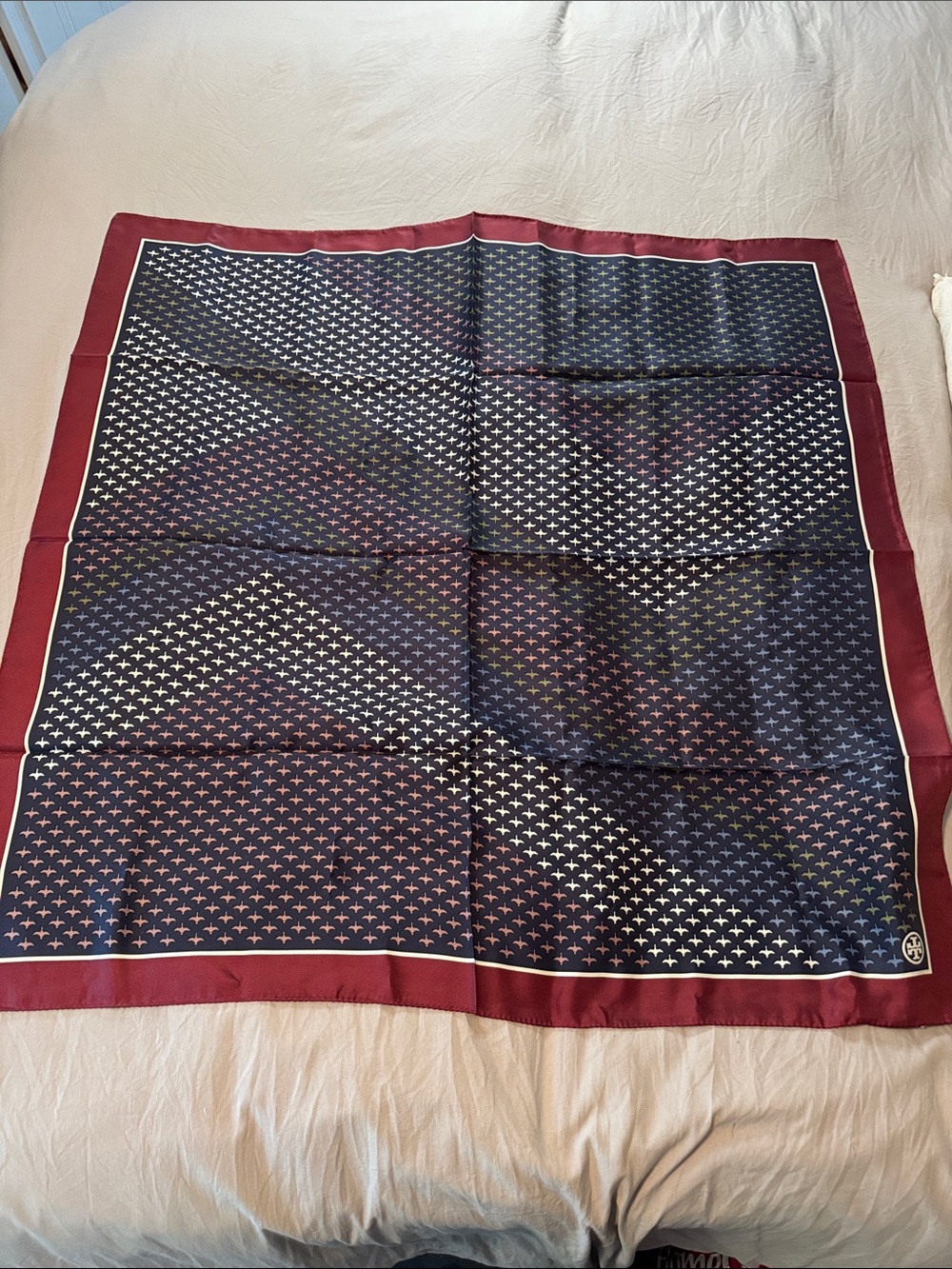 Tory Burch Navy and Burgundy Silk Logo-Motif Scarf - Picture 4 of 8